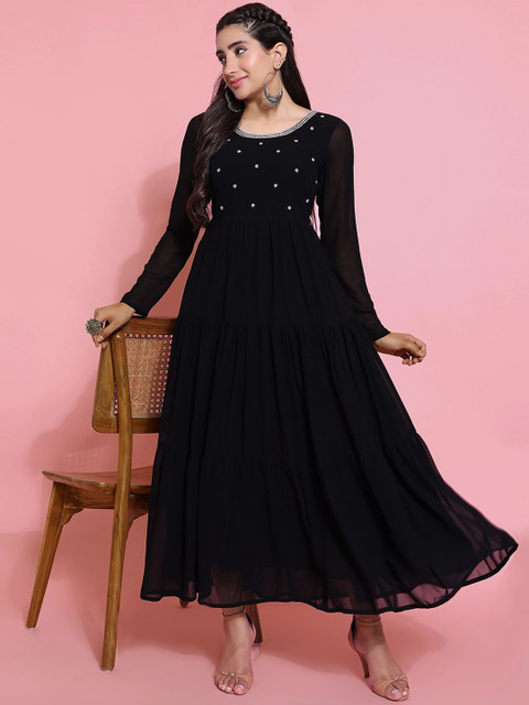 Poshak Hub Floral Embroidered Beads and Stones Georgette Tiered Anarkali Kurta - Image 7