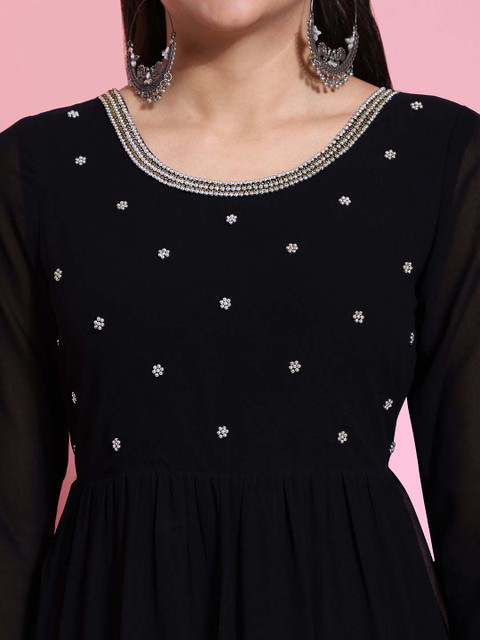 Poshak Hub Floral Embroidered Beads and Stones Georgette Tiered Anarkali Kurta - Image 2