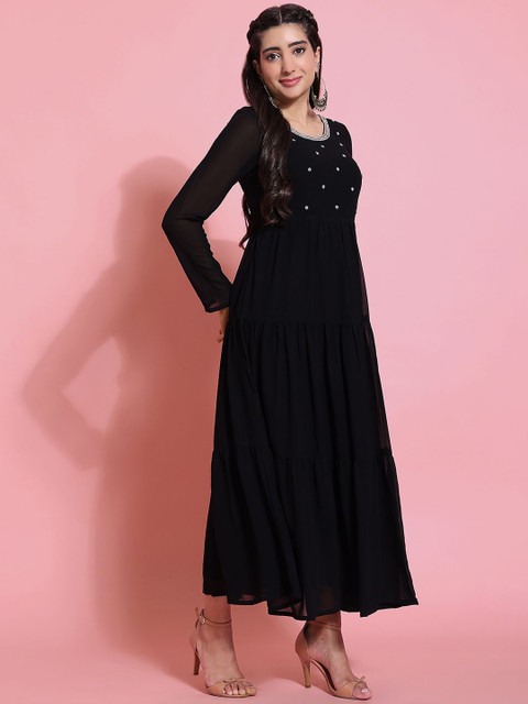 Poshak Hub Floral Embroidered Beads and Stones Georgette Tiered Anarkali Kurta - Image 3