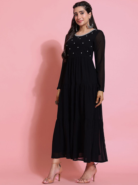 Poshak Hub Floral Embroidered Beads and Stones Georgette Tiered Anarkali Kurta - Image 4