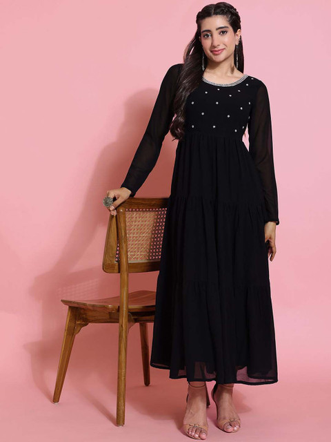 Poshak Hub Floral Embroidered Beads and Stones Georgette Tiered Anarkali Kurta - Image 6