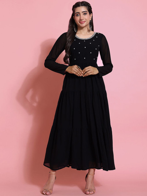 Poshak Hub Floral Embroidered Beads and Stones Georgette Tiered Anarkali Kurta