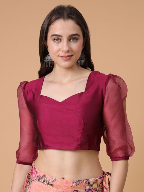 Frolic Rolic Burgundy Silk Blend Organza Sleeves Sweetheart Neck Blouse