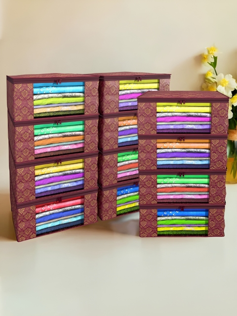 Kuber Industries Maroon & Gold Toned 12 Pieces Saree Cover Clothes Storage Bag Organisers