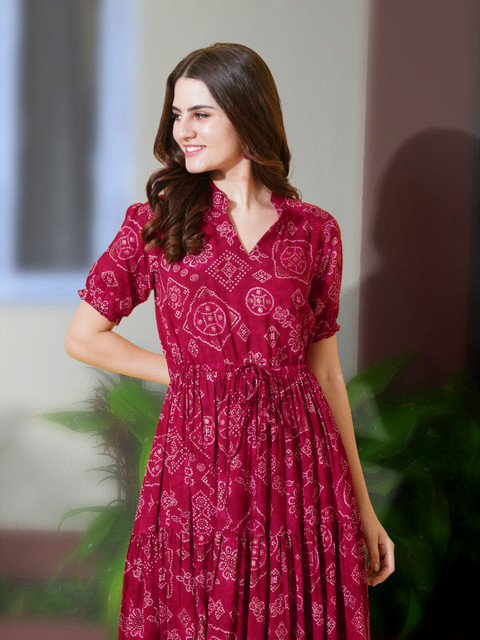 FLOWERVELLY Women Puff Sleeves Fit & Flare Midi Dress