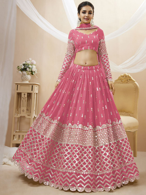 FABPIXEL Embroidered Sequinned Semi-Stitched Lehenga & Unstitched Blouse With Dupatta
