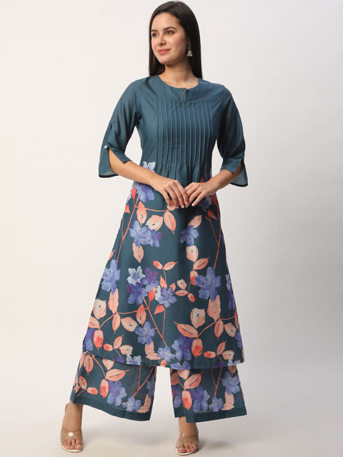 R&B Floral Printed Round Neck Straight Kurta