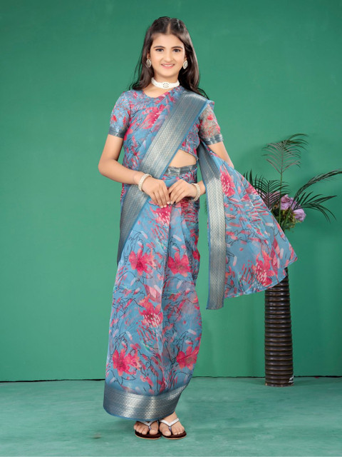 BAESD Girls Floral Zari Organza Ready to Wear Saree