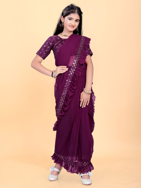 BAESD Girls Embroidered Pure Georgette Saree - Image 2
