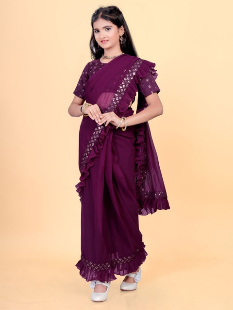 BAESD Girls Embroidered Pure Georgette Saree - Image 3