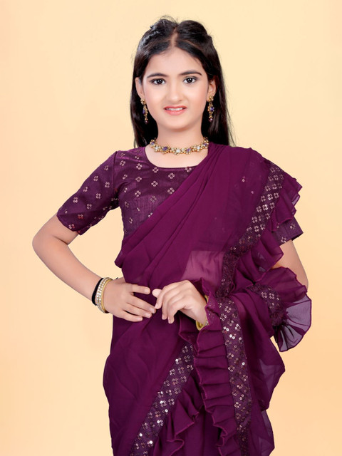 BAESD Girls Embroidered Pure Georgette Saree - Image 5