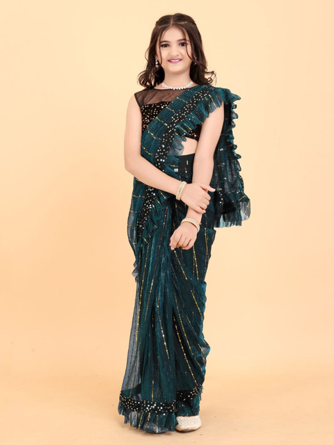 BAESD Sequinned Strped Supernet Ready To Wear Ruffle Saree For Girls