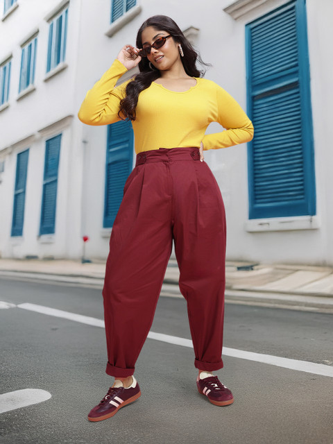 DressBerry Curve Plus Size Women Tapered Fit Pleated Pure Cotton Trousers