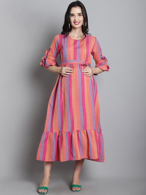 Moms Maternity Striped Bell Sleeve Maternity A-Line Midi Dress