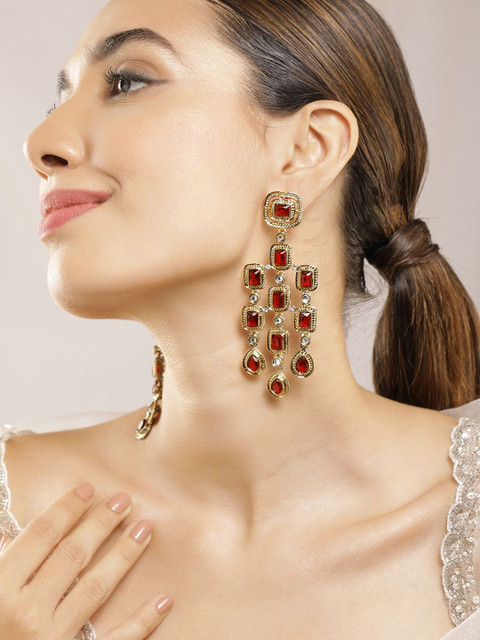 Rubans 22K Gold-Plated Ruby Red & Zirconia Studded Long Dangle Earrings