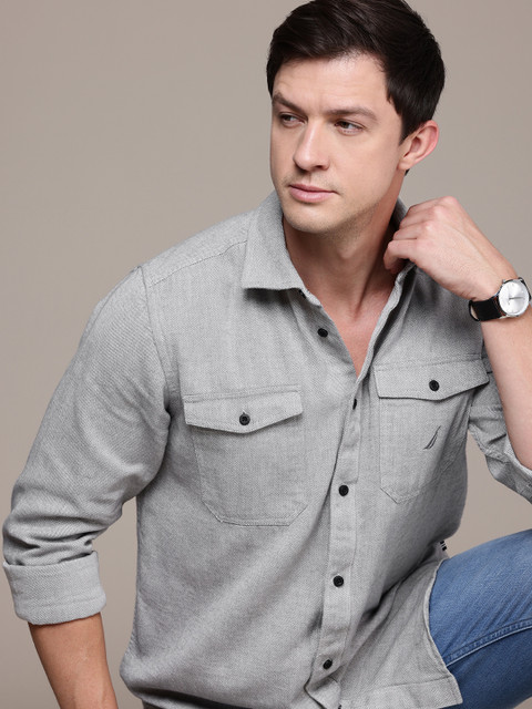 Nautica Pure Cotton Self Design Classic Fit Textured Casual Shirt
