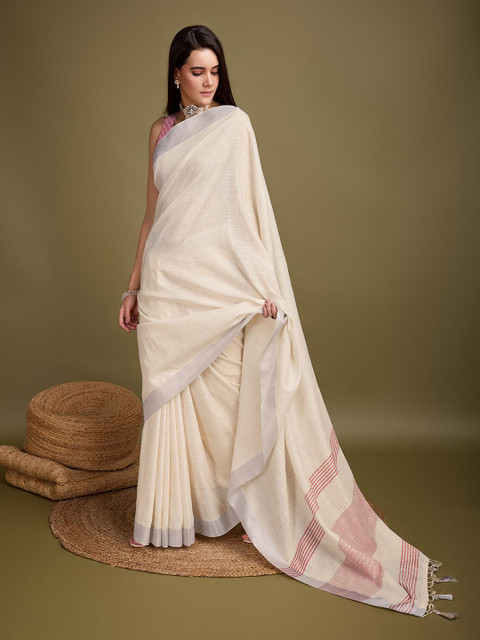 Mitera Zari Woven Solid Tassel Saree with Blouse - Image 5