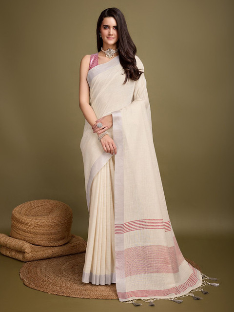 Mitera Zari Woven Solid Tassel Saree with Blouse - Image 2