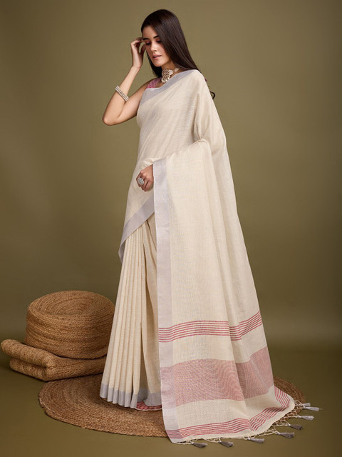 Mitera Zari Woven Solid Tassel Saree with Blouse - Image 3