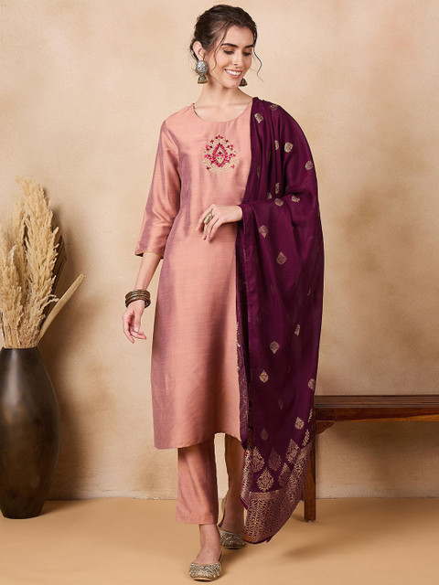 Anouk Copper Toned Floral Embroidered Straight Kurta With Trousers & Dupatta