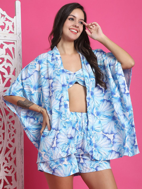 Claura Floral Printed V-Neck Sleeveless Top With Short & Robe