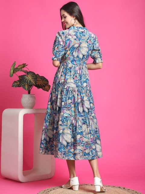 Claura Women Floral Print Mandarin Collar Short Sleeves Fit and Flare Midi Dress - Image 4