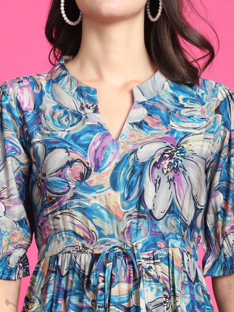 Claura Women Floral Print Mandarin Collar Short Sleeves Fit and Flare Midi Dress - Image 2