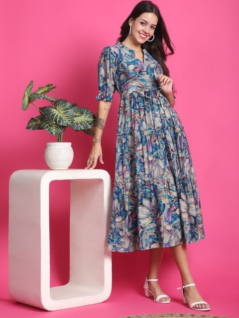 Claura Women Floral Print Mandarin Collar Short Sleeves Fit and Flare Midi Dress - Image 5