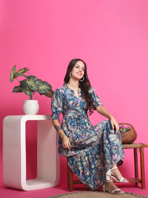 Claura Women Floral Print Mandarin Collar Short Sleeves Fit and Flare Midi Dress - Image 6