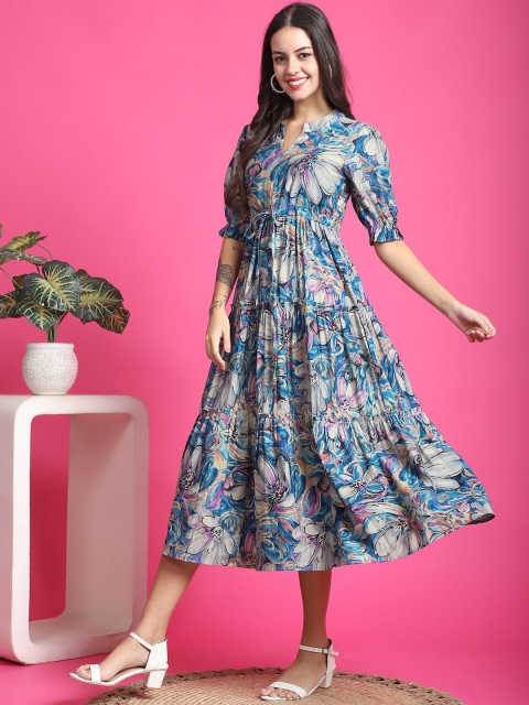 Claura Women Floral Print Mandarin Collar Short Sleeves Fit and Flare Midi Dress - Image 3
