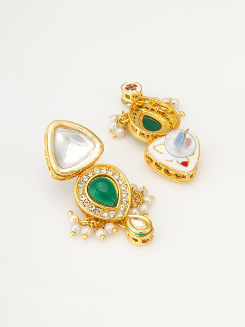 aadita Gold-Plated Kundan-Studded & Pearl-Beaded Contemporary Drop Earrings - Image 3