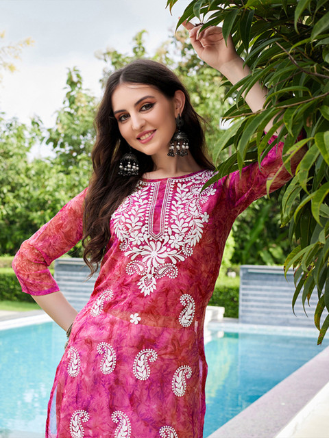 KALINI Floral Embroidered Chikankari Georgette Straigth Kurta - Image 2