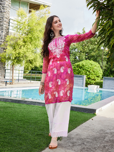 KALINI Floral Embroidered Chikankari Georgette Straigth Kurta - Image 5
