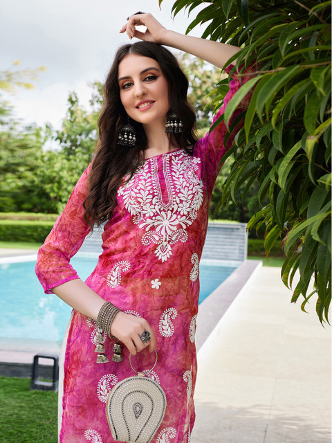 KALINI Floral Embroidered Chikankari Georgette Straigth Kurta - Image 6
