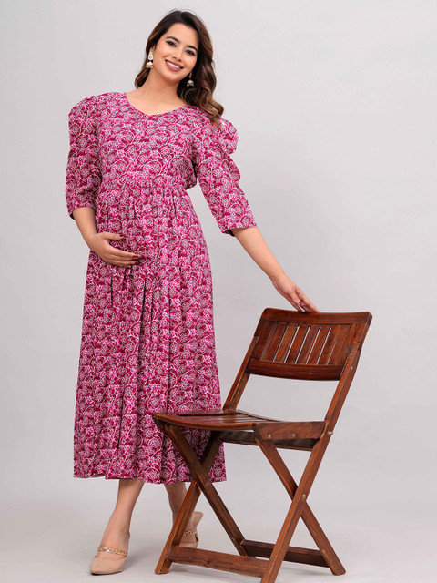 KALINI Floral Printed Liva Maternity A-Line Midi Dress