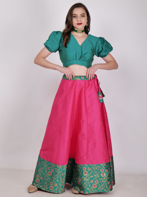 Frolic Rolic Floral Silk Border Skirt & Solid Silk Blouse Set