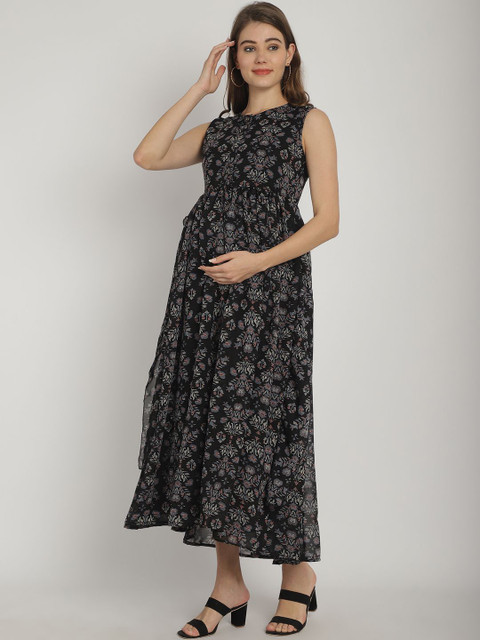 Moms Maternity Floral Printed Georgette Maternity Maxi Dress - Image 5