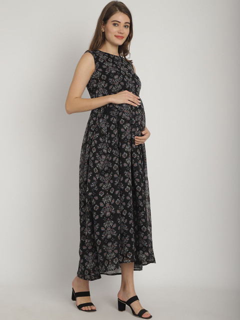 Moms Maternity Floral Printed Georgette Maternity Maxi Dress - Image 4