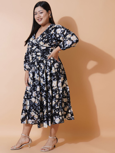 U&F Beyond Plus Size Floral Printed Georgette Fit & Flare Midi Dress - Image 3