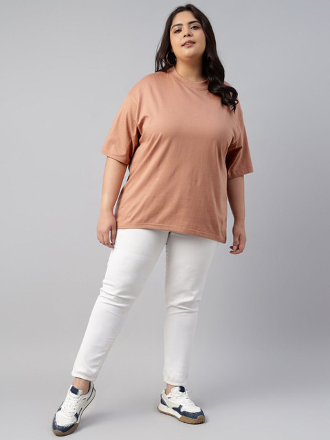 JUNEBERRY Women Solid Round Neck Pure Cotton Plus Size Tshirt - Image 6
