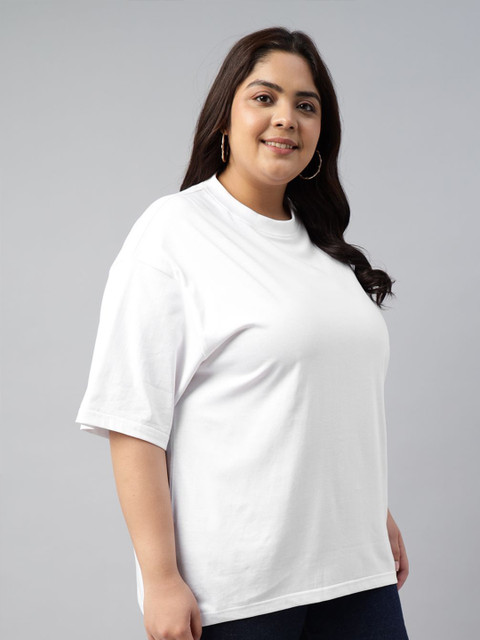 JUNEBERRY Women Solid Round Neck Pure Cotton Plus Size Tshirt - Image 3