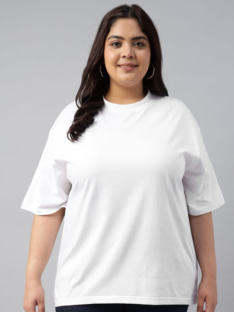 JUNEBERRY Women Solid Round Neck Pure Cotton Plus Size Tshirt