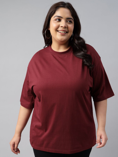 JUNEBERRY Women Solid Round Neck Pure Cotton Plus Size Tshirt
