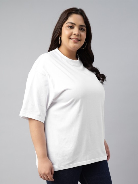 JUNEBERRY Women White Solid Round Neck Relaxed Fit Pure Cotton Oversized Plus Size T-Shirt - Image 3