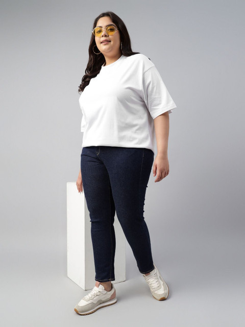 JUNEBERRY Women White Solid Round Neck Relaxed Fit Pure Cotton Oversized Plus Size T-Shirt - Image 6