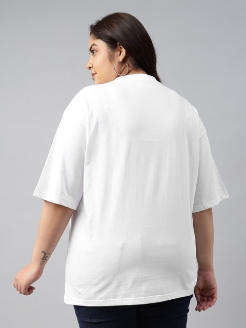 JUNEBERRY Women White Solid Round Neck Relaxed Fit Pure Cotton Oversized Plus Size T-Shirt - Image 5