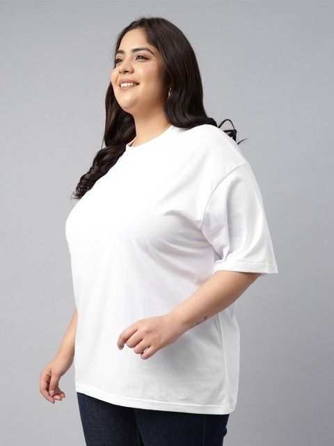 JUNEBERRY Women White Solid Round Neck Relaxed Fit Pure Cotton Oversized Plus Size T-Shirt - Image 4