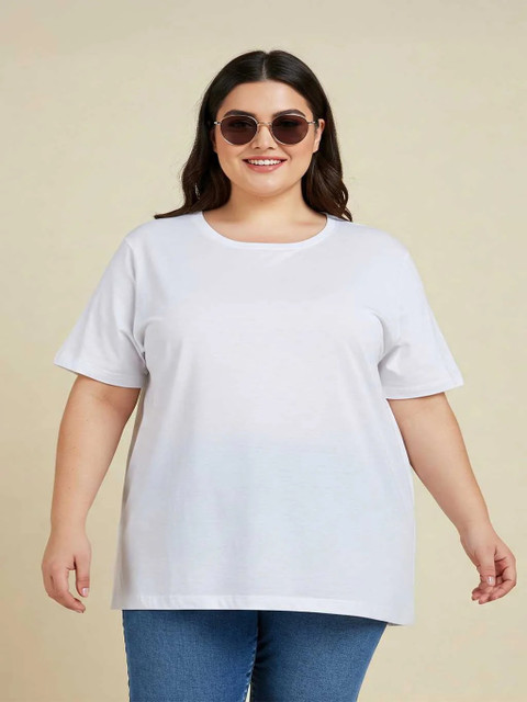 JUNEBERRY Women White Solid Round Neck Relaxed Fit Pure Cotton Oversized Plus Size T-Shirt - Image 7