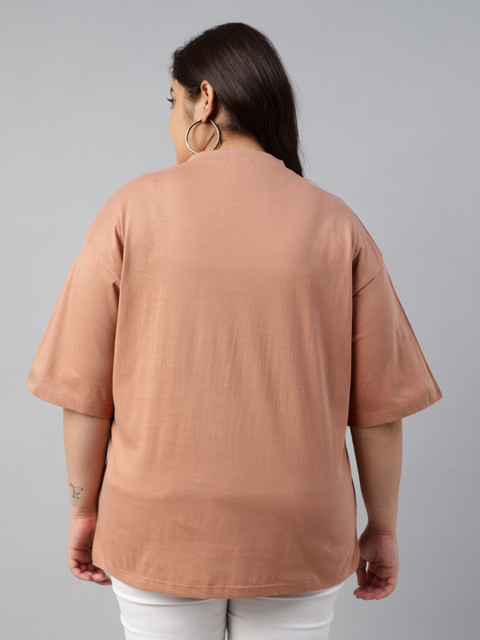 JUNEBERRY Women Brown Solid Round Neck Relaxed Fit Pure Cotton Oversized Plus Size T-Shirt - Image 5