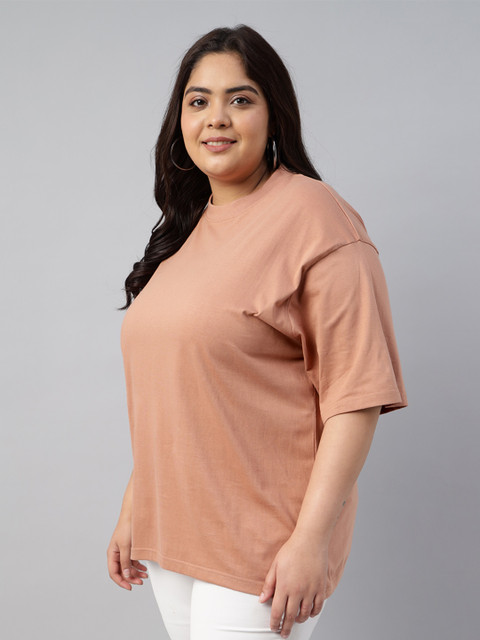 JUNEBERRY Women Brown Solid Round Neck Relaxed Fit Pure Cotton Oversized Plus Size T-Shirt - Image 4